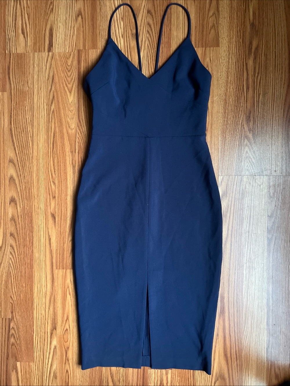 Likely Navy V-Neck Spaghetti Strap Midi Dress